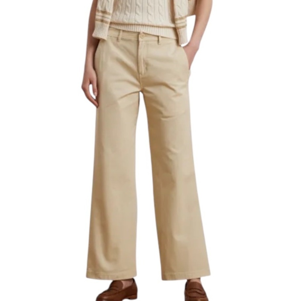 Lauren Ralph Lauren Cotton Beige High Rise Wide Leg Relaxed Trousers 8